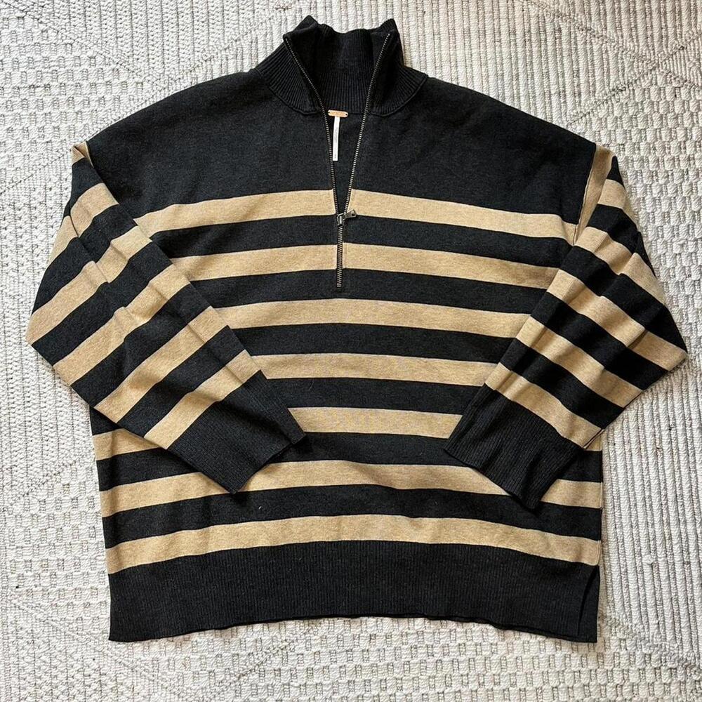 Free People Coastal Stripe Oversized Sweater Pullover in Tan and Black Stripe - Picture 3 of 6